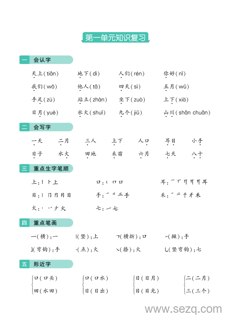 2025年秋季一年级上册语文单元知识复习（学霸提高班1-8单元） - 文档资源第1张