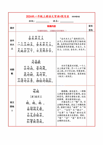 2024年秋季一年级上册语文必背内容及默写表（10页） - 少儿专区