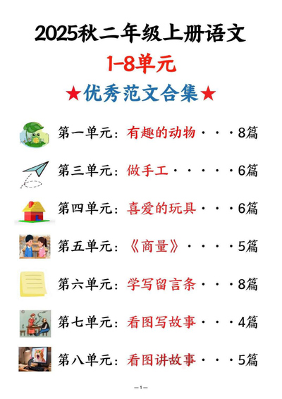 2025年秋二年级上册语文1-8单元同步优秀范文合集（22页） - 少儿专区