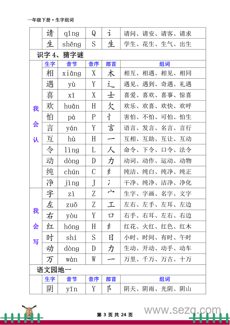 一年级下册语文生字组词专项练习 - 文档资源第3张