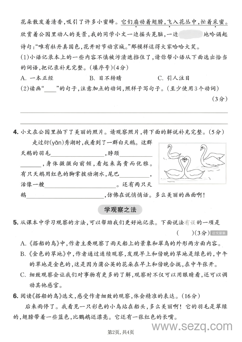 2025年三年级上册语文第五单元主题情境卷（含答案） - 文档资源第2张