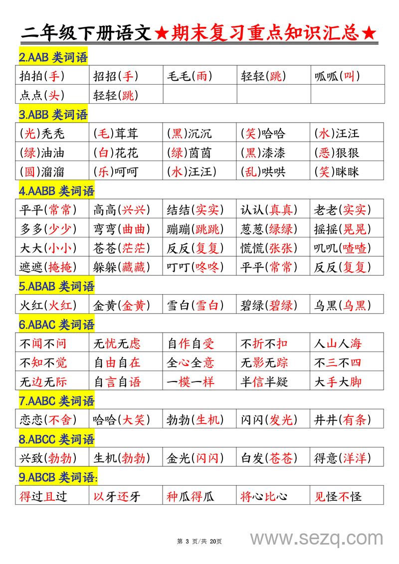 2025年二年级下册语文期末重点知识汇总 - 文档资源第3张