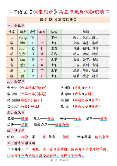 二年级下册语文第五单元课堂同步每课知识清单（11页） - 少儿专区
