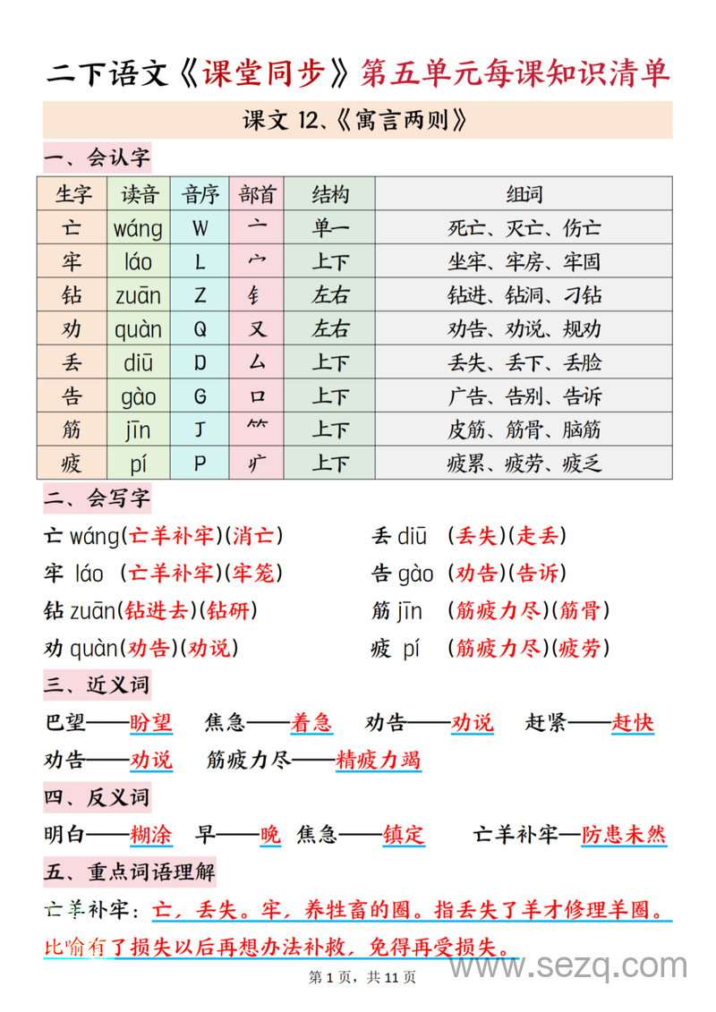 二年级下册语文第五单元课堂同步每课知识清单 - 文档资源第1张