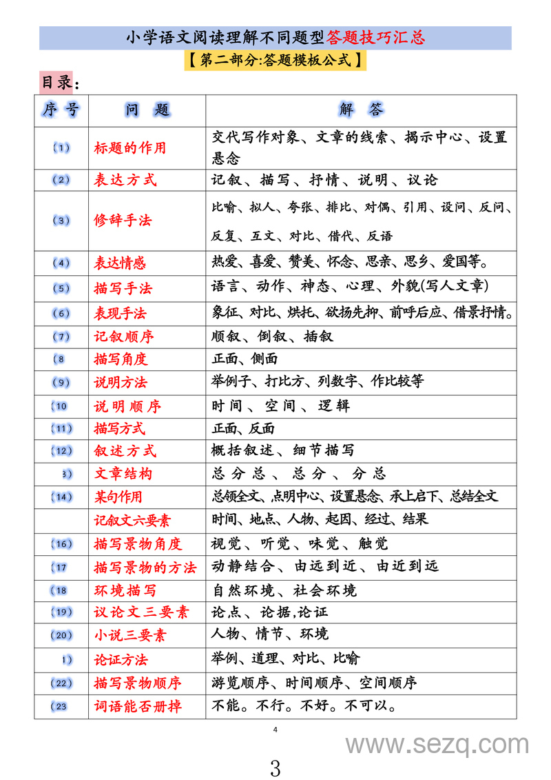 三至六年级语文阅读理解不同题型答题技巧汇总（含答案） - 文档资源第3张