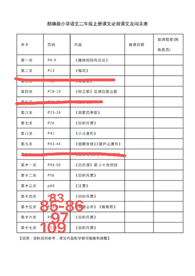 二年级上册语文必背课文闯关表（22页） - 少儿专区