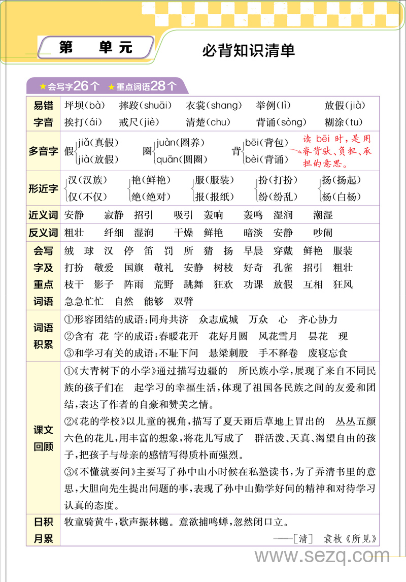 2025年三年级上册语文单元必背知识清单和易错知识点梳理 - 文档资源第2张
