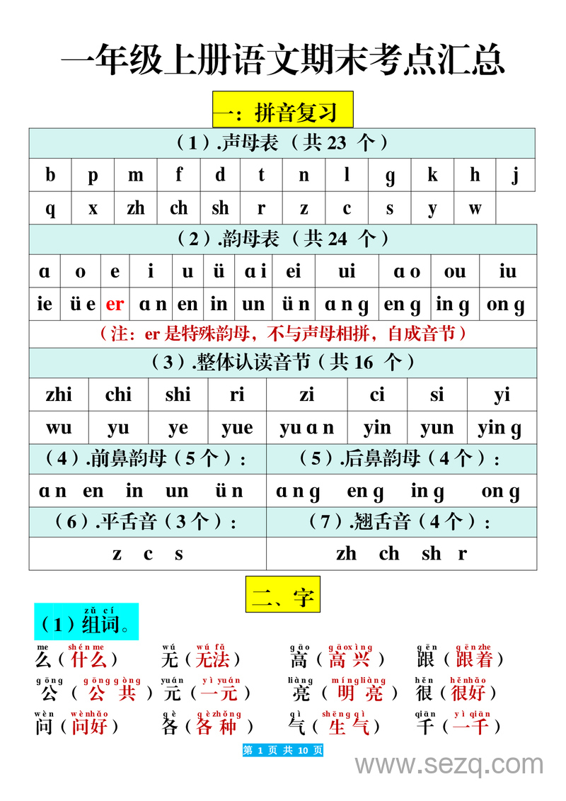 一年级上册语文期末考点汇总（期末复习） - 文档资源第1张