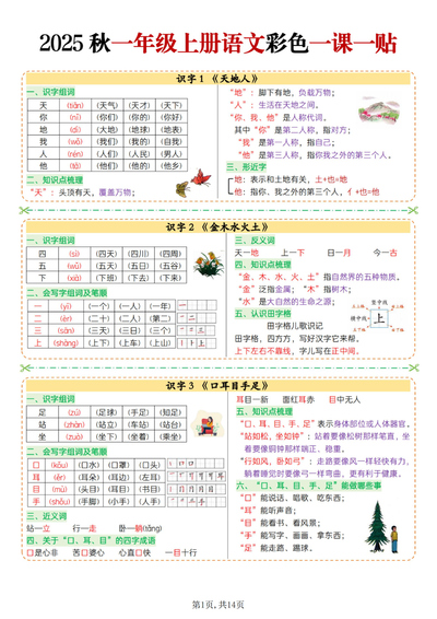 2025年一年级上册语文彩色一课一贴（全册）（14页） - 少儿专区
