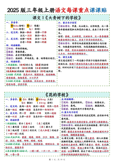 2025年新版三年级上册语文每课重点课课贴（18页） - 少儿专区