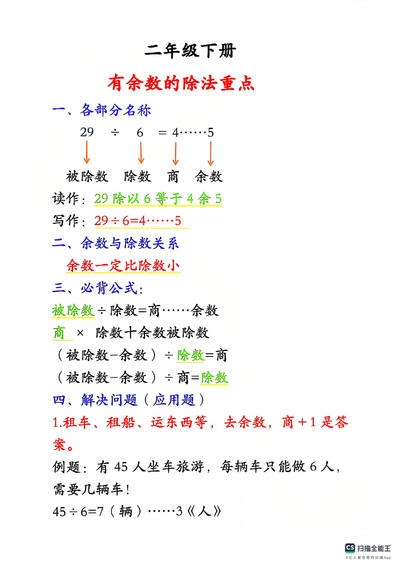 二年级下册数学有余数的除法重点知识点题型（4页） - 少儿专区