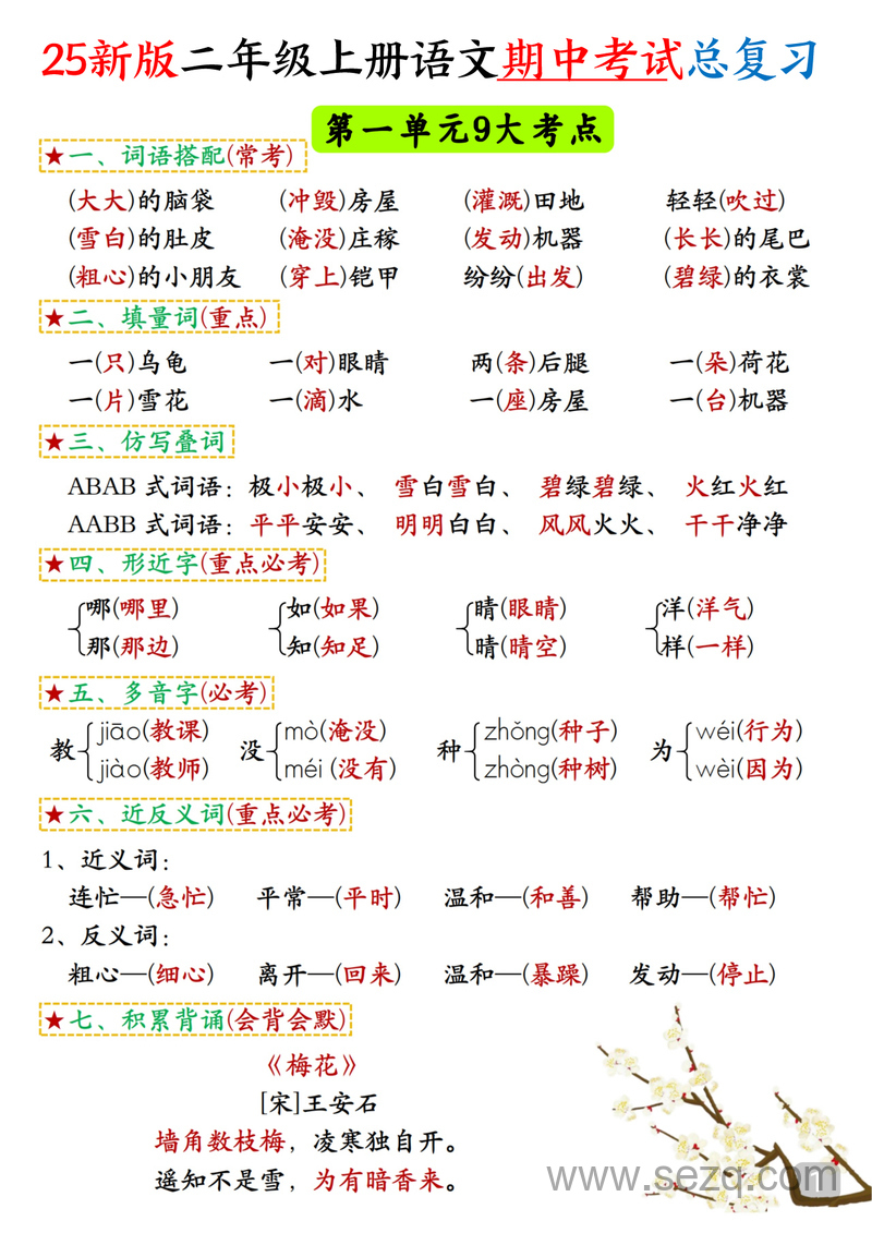 2025年新版二年级上册语文期中考试总复习高频考点汇总 - 文档资源第1张