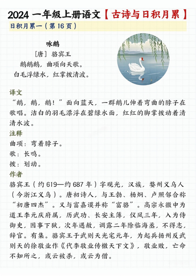 2024年一年级上册语文古诗与日积月累（注释、译文）（9页） - 少儿专区