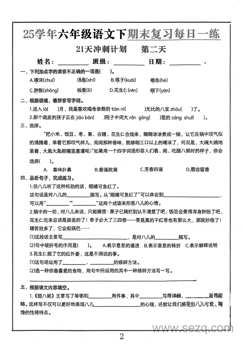 2025年六年级下册语文期末复习21天冲刺计划 - 文档资源第2张