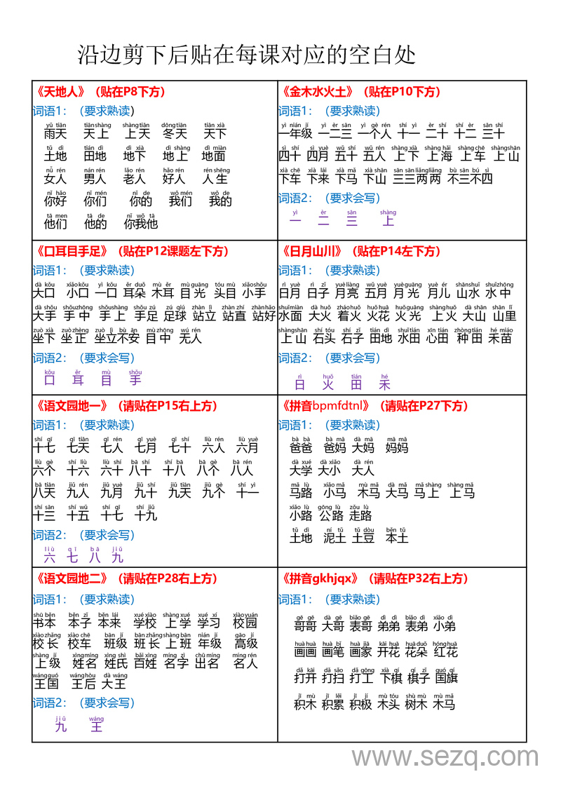 2025年秋季版一年级上册语文每课重点课课贴 - 文档资源第1张