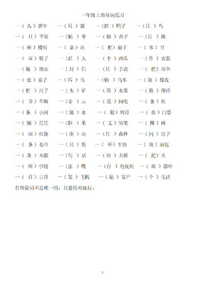 一年级上册语文量词练习题（2页） - 少儿专区