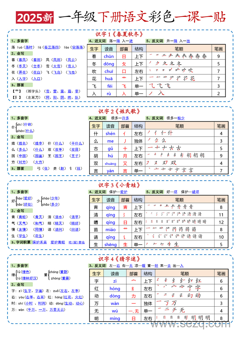 2025年春季新一年级下册语文彩色一课一贴（高清） - 文档资源第1张