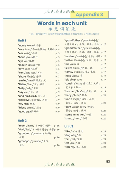 新版三年级上册英语单元词汇表（含课标二级词）（8页） - 少儿专区