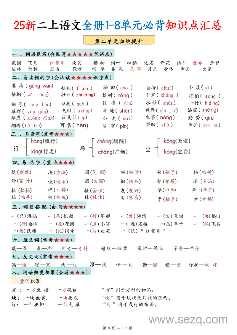 2025年新版二年级上册语文1-8单元必背知识点汇总 - 文档资源第3张