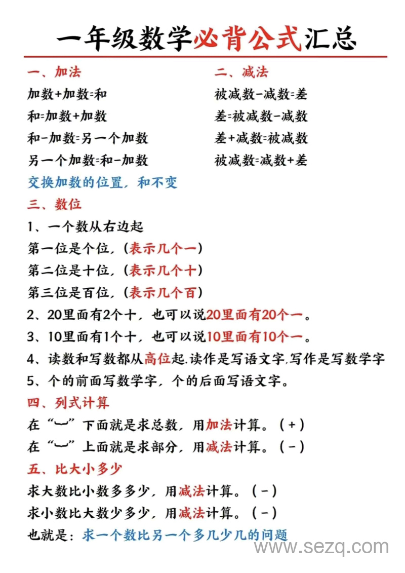 一年级数学必会知识与必背公式汇总 - 文档资源第1张
