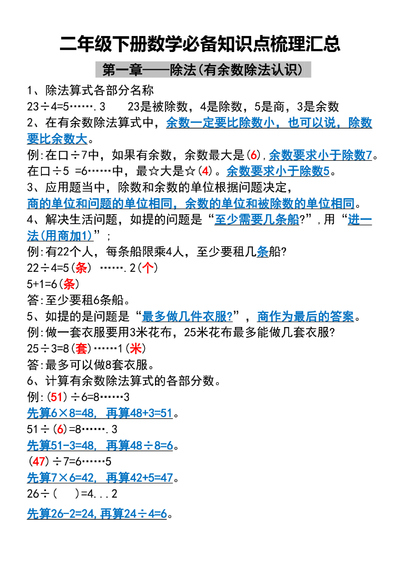 二年级下册数学知识点梳理汇总（5页） - 少儿专区