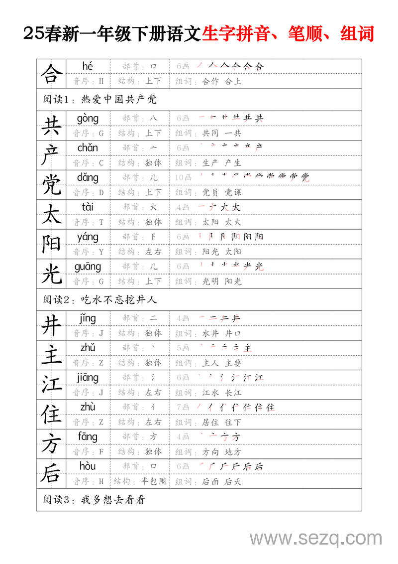 2025年春季新版一年级下册语文生字拼音笔顺组词 - 文档资源第3张