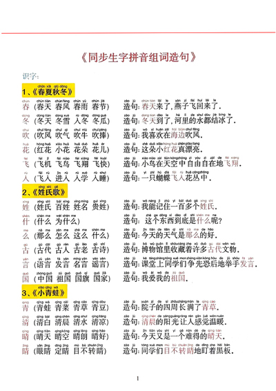 2025年新版一年级下册语文同步生字拼音组词造句（11页） - 少儿专区