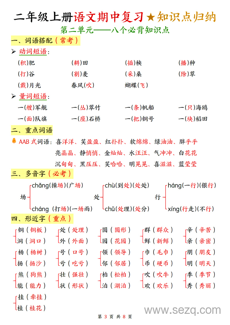 二年级上册语文期中复习知识点归纳 - 文档资源第3张