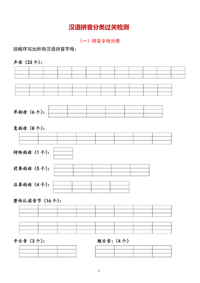 一年级上册语文汉语拼音分类过关检测（含答案）（7页） - 少儿专区