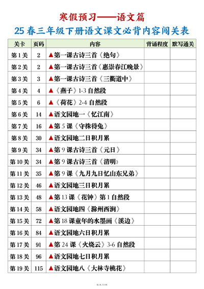 2025年三年级下册语文课文必背内容闯关表（背诵默写版）（10页） - 少儿专区