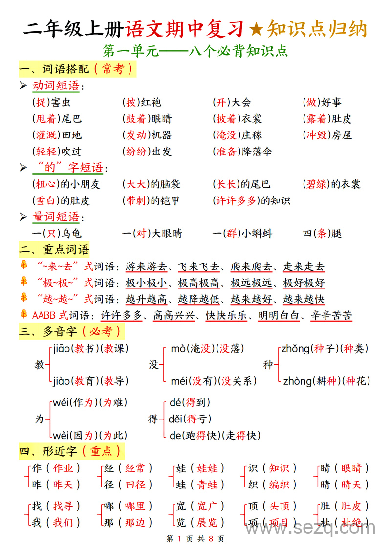 二年级上册语文期中复习知识点归纳 - 文档资源第1张