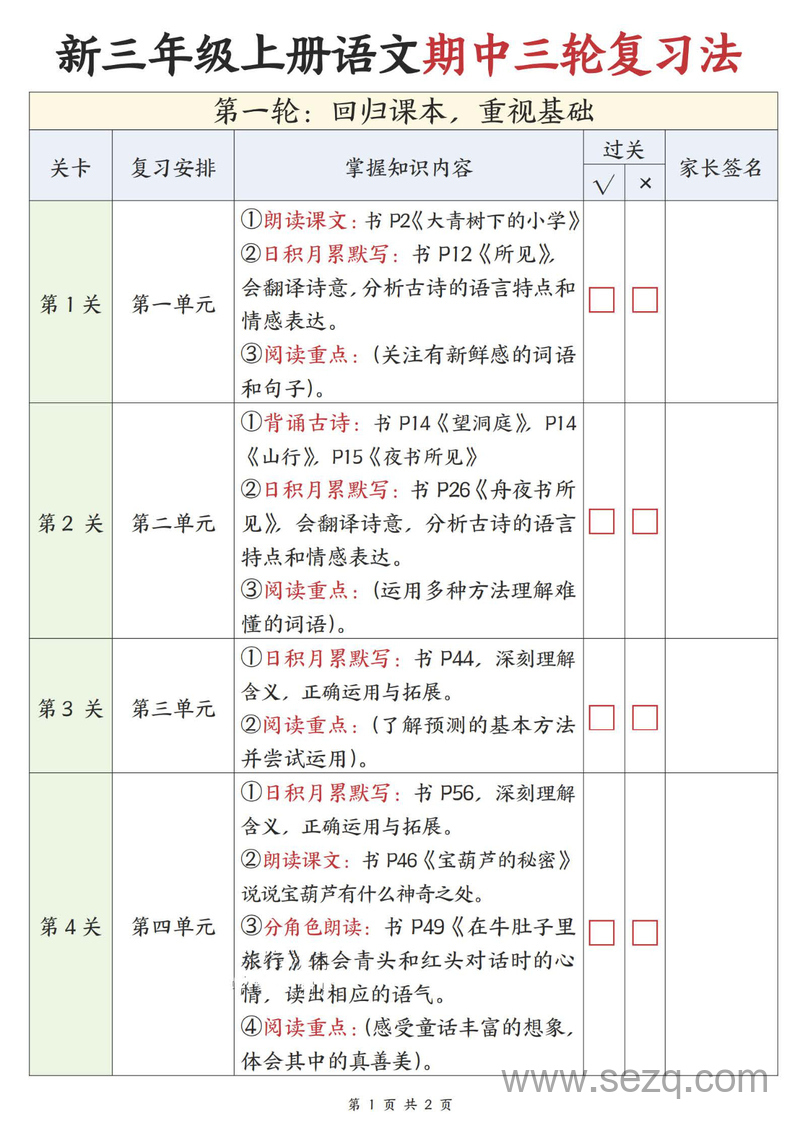 2025年三年级上册语文期中三轮复习法重点安排计划表 - 文档资源第1张
