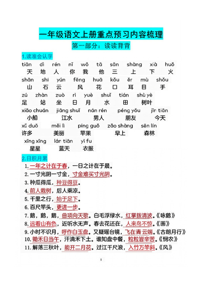 一年级上册语文重点预习内容梳理(5页) - 少儿专区