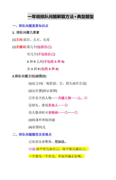 一年级上册数学排队问题解题方法及典型题型（6页） - 少儿专区