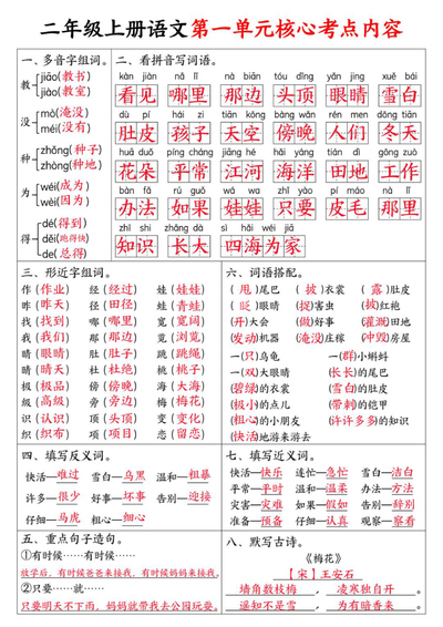 二年级上册语文1-4单元核心考点（4页） - 少儿专区