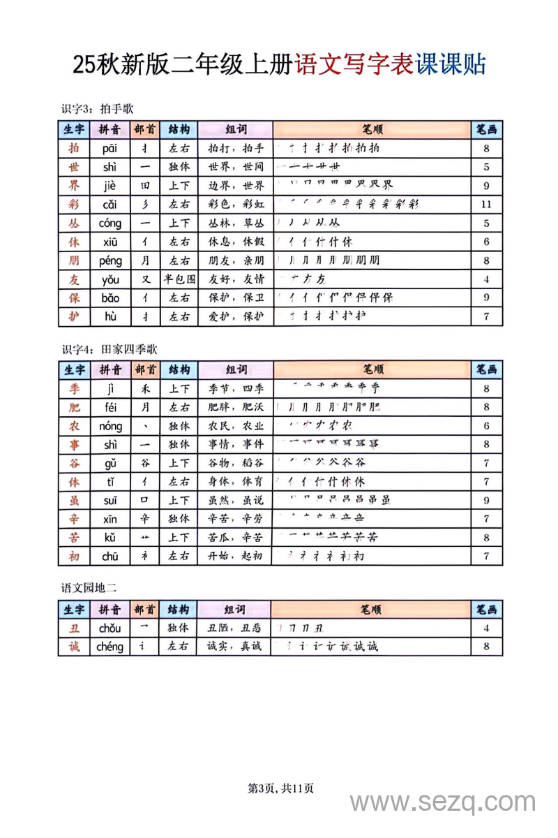 2025年秋季新版二年级上册语文写字表课课贴 - 文档资源第3张