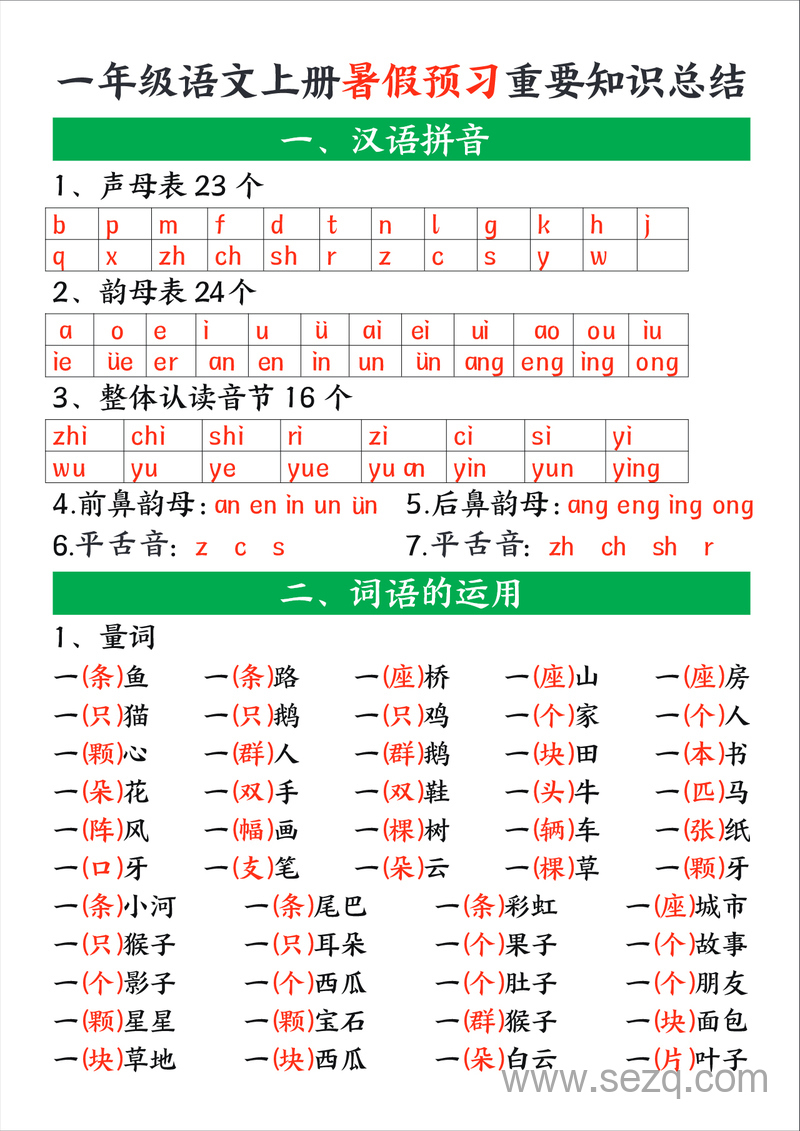 一年级上册语文暑假预习重要知识总结 - 文档资源第1张