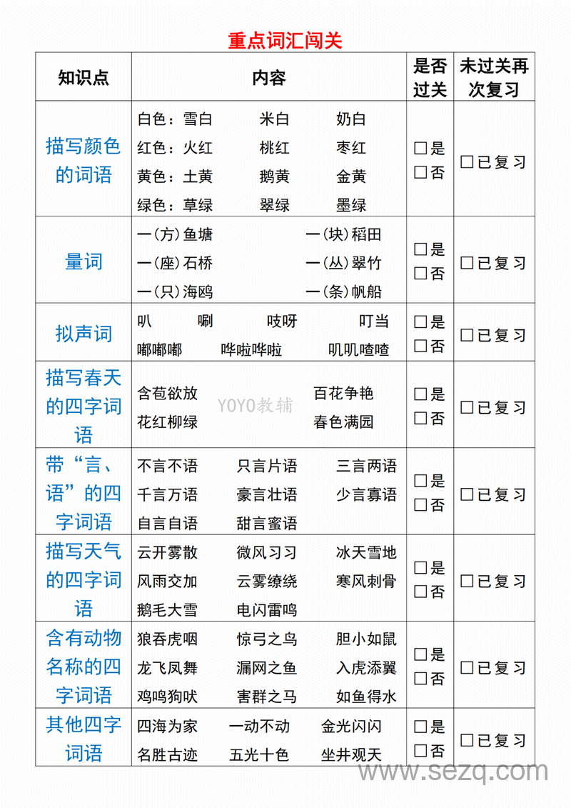 二年级上册语文期末专项归类复习闯关表 - 文档资源第3张