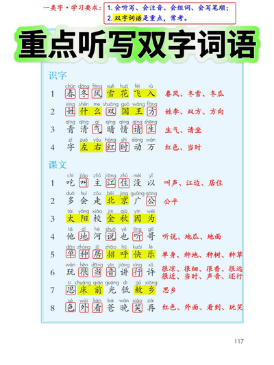 一年级下册语文写字表听写词语（重点双字词语）（4页） - 少儿专区
