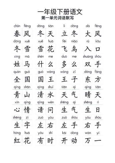 一年级下册语文1-8单元看拼音写词语（附空白档）（16页） - 少儿专区