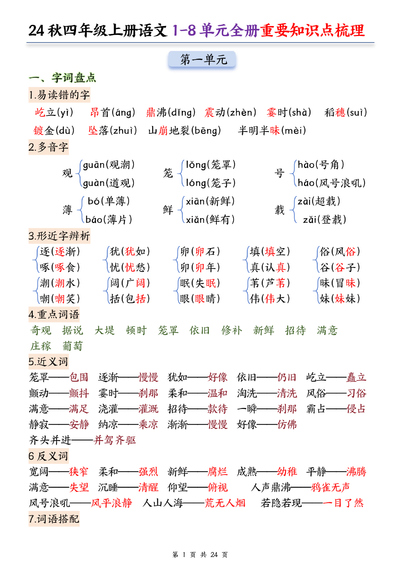 2024年秋季四年级上册语文1-8单元全册重要知识点梳理（24页） - 少儿专区