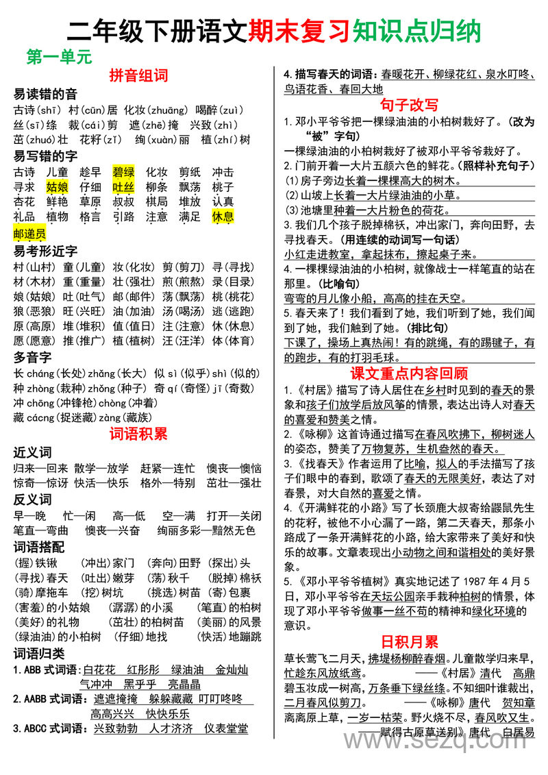 2025年二年级下册语文期末复习知识点归纳（极简版） - 文档资源第1张