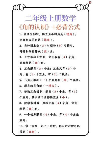 二年级上册数学角的初步认识必背公式（5页） - 少儿专区