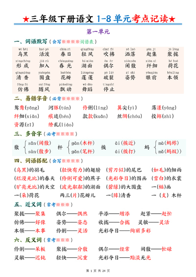 三年级下册语文1-8单元考点记读知识梳理（24页） - 少儿专区