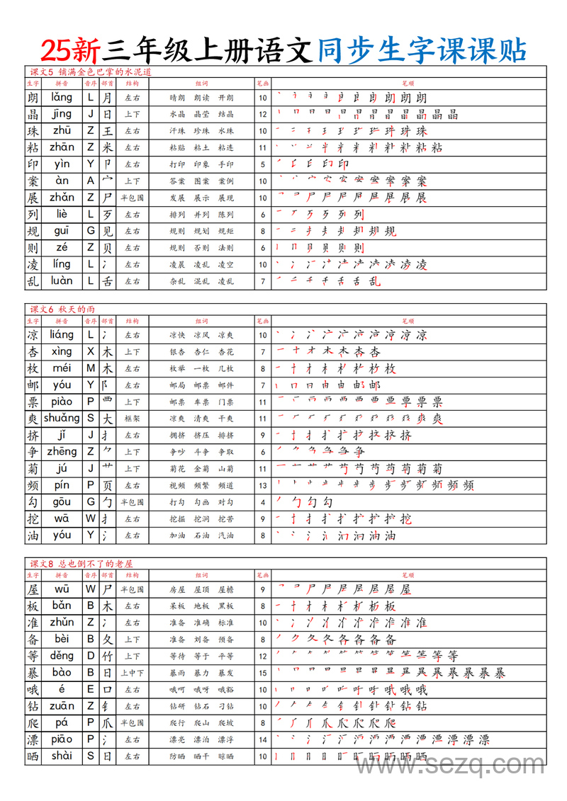 2025年新版三年级上册语文同步生字课课贴 - 文档资源第2张