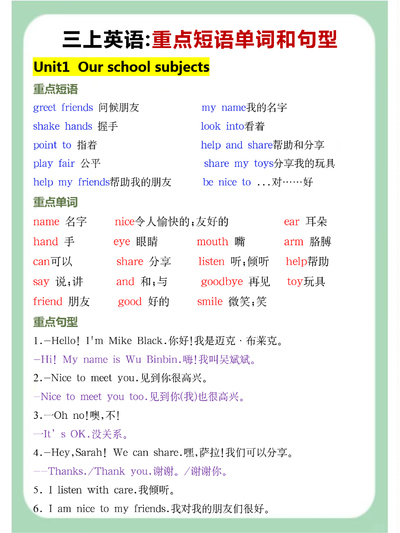 三年级上册英语重点短语单词句型汇总（人教版）（7页） - 少儿专区