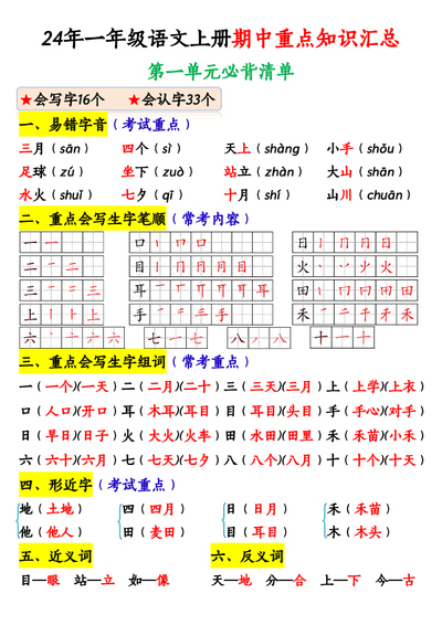 2024年一年级上册语文期中重点知识汇总（纯图版）（9页） - 少儿专区