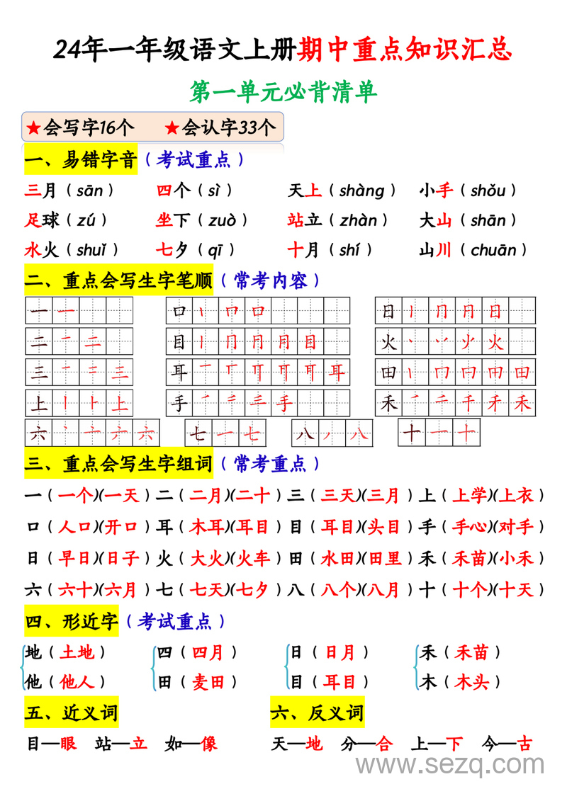 2024年一年级上册语文期中重点知识汇总（纯图版） - 文档资源第1张