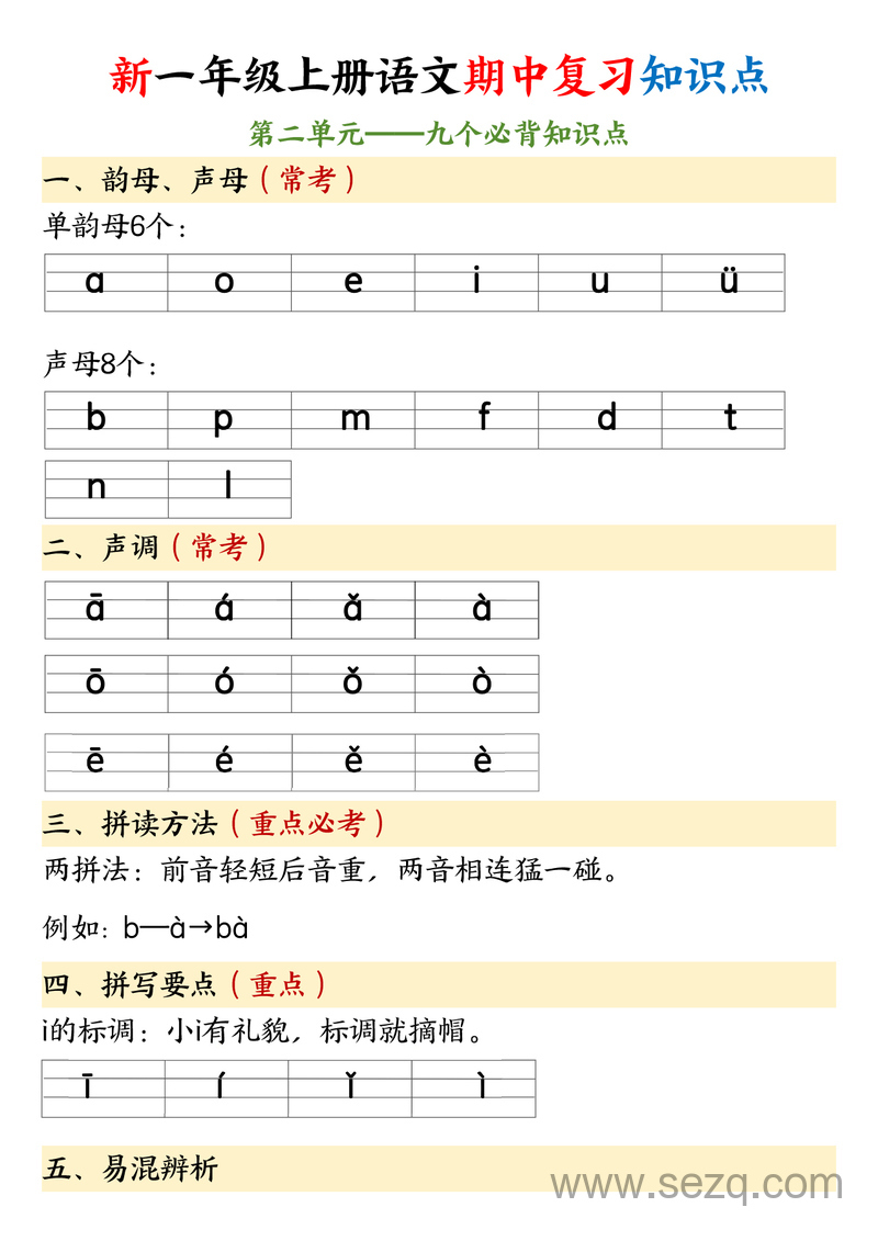 2025年新版新一年级上册语文期中复习1-4单元必背知识点 - 文档资源第3张