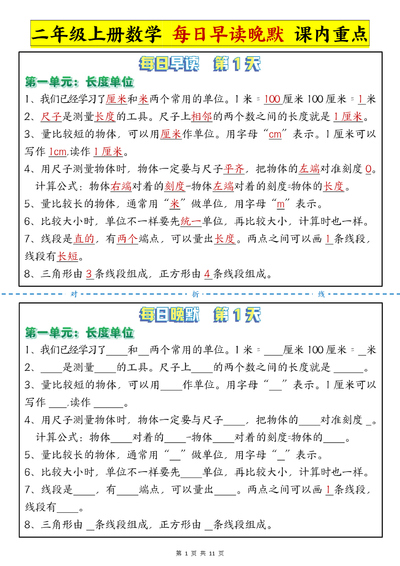 二年级上册数学每日早读晚默课内重点（11页） - 少儿专区